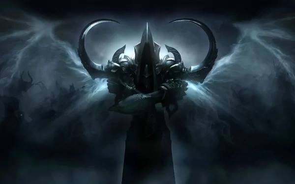 High-definition wallpaper featuring Malthael from Diablo III: Reaper Of Souls, showcasing the character cloaked in dark shadows and menacing armor with an ethereal backdrop.