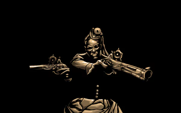 4K Ultra HD sci-fi steampunk wallpaper depicting a fierce figure aiming two intricately designed guns, set against a stark black background.