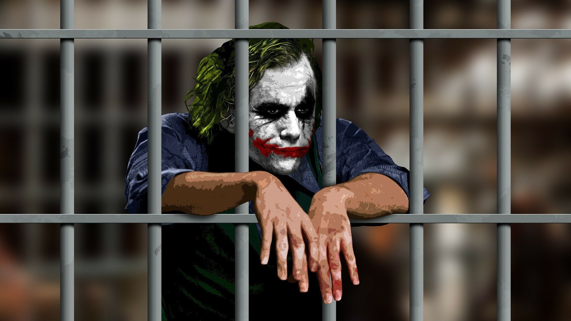 HD wallpaper depicting the Joker behind bars from The Dark Knight movie, focusing on his iconic makeup and disheveled appearance.