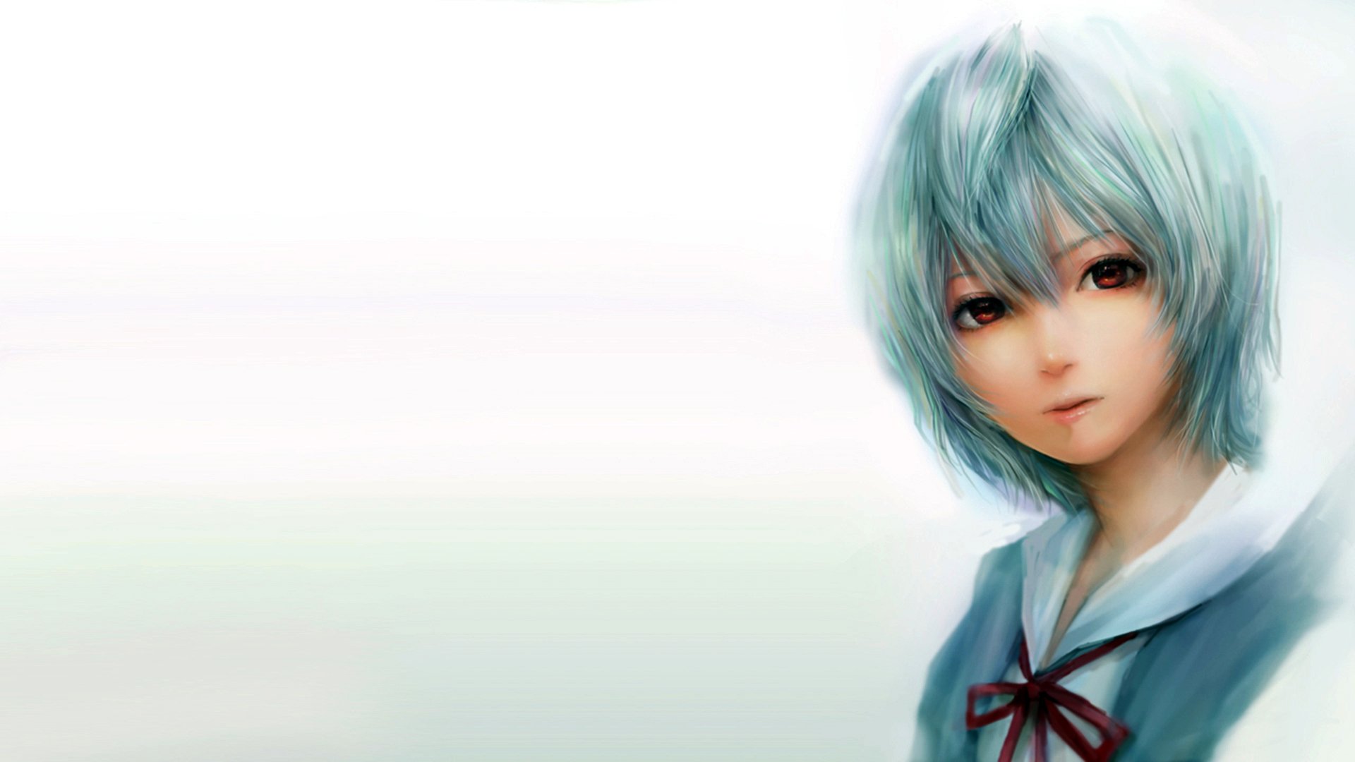 HD desktop wallpaper featuring Rei Ayanami from Neon Genesis Evangelion, depicted with light blue hair and a serene expression against a soft gradient background.