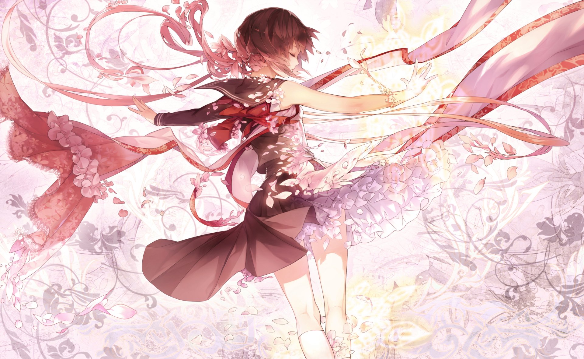 HD desktop wallpaper from Mahou Shoujo Taisen featuring an ethereal anime character with dynamic ribbons and ornate floral background.