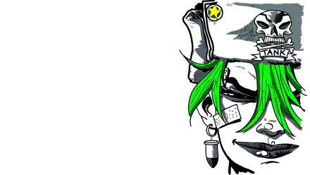 Comic Tank Girl HD PC desktop wallpaper: cropped punk portrait with neon green hair, skull patch and grenade earring on a white background.