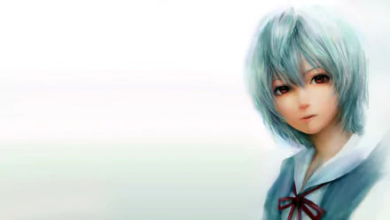HD desktop wallpaper featuring Rei Ayanami from Neon Genesis Evangelion, depicted with light blue hair and a serene expression against a soft gradient background.