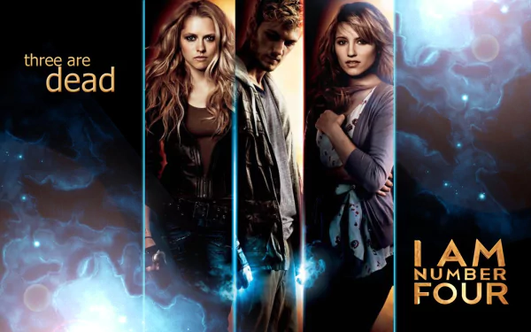 A dynamic HD wallpaper for the movie I Am Number Four, featuring three main characters against a vibrant, mystical background with the text three are dead.