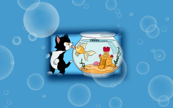 HD desktop wallpaper featuring Figaro the cat watching Cleo the goldfish in a bowl, inspired by the 1940 Pinocchio movie.