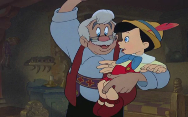 HD desktop wallpaper featuring Geppetto holding Pinocchio from the 1940 Pinocchio movie.