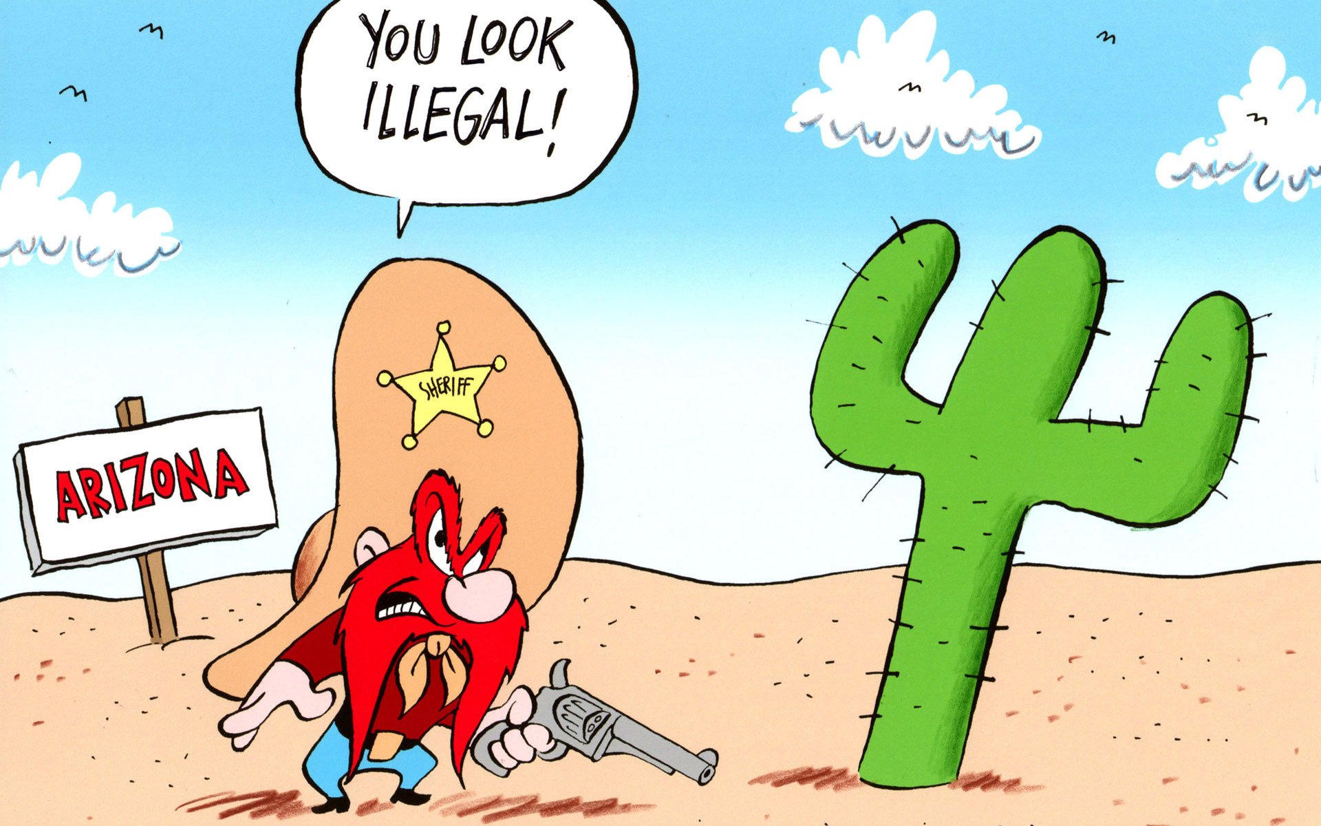 HD desktop wallpaper featuring Yosemite Sam from Looney Tunes in a desert scene with an Arizona sign and a large cactus, saying You look illegal!