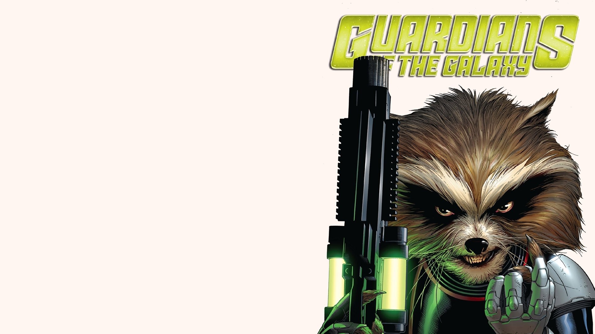 HD PC desktop wallpaper featuring a comic-style Guardians of the Galaxy design with Rocket Raccoon and the logo in bold yellow text.