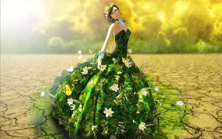 A stunning fantasy image featuring a woman in a lush green gown adorned with flowers and butterflies, set against a dramatic background of cracked earth and a vibrant sky.
