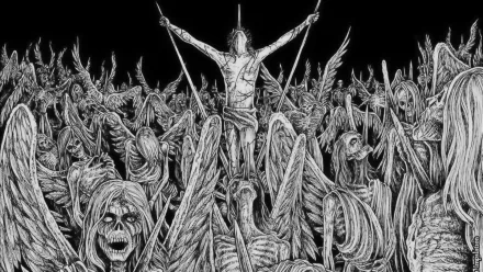 A dark, creepy HD desktop wallpaper featuring a multitude of skeletal figures and winged entities, with a central figure raised high against a black background.