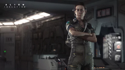 HD PC desktop wallpaper: Amanda Ripley from the video game Alien: Isolation stands with arms crossed in a dim, industrial spaceship corridor.