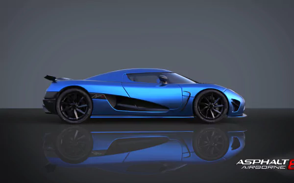 A sleek blue sports car from Asphalt 8: Airborne is showcased in this HD desktop wallpaper, reflecting elegantly against a subtle gray background.