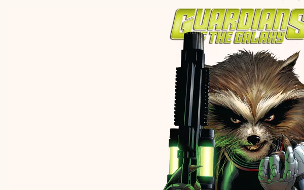 HD PC desktop wallpaper featuring a comic-style Guardians of the Galaxy design with Rocket Raccoon and the logo in bold yellow text.