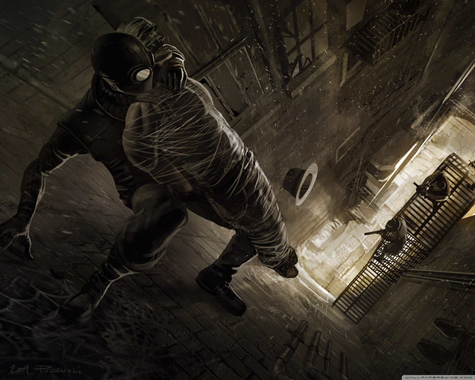 HD PC desktop wallpaper featuring Spider-Man Noir, depicted in a dark, gritty style as he shoots webs in a shadowy urban setting from the Spider-Man movie.