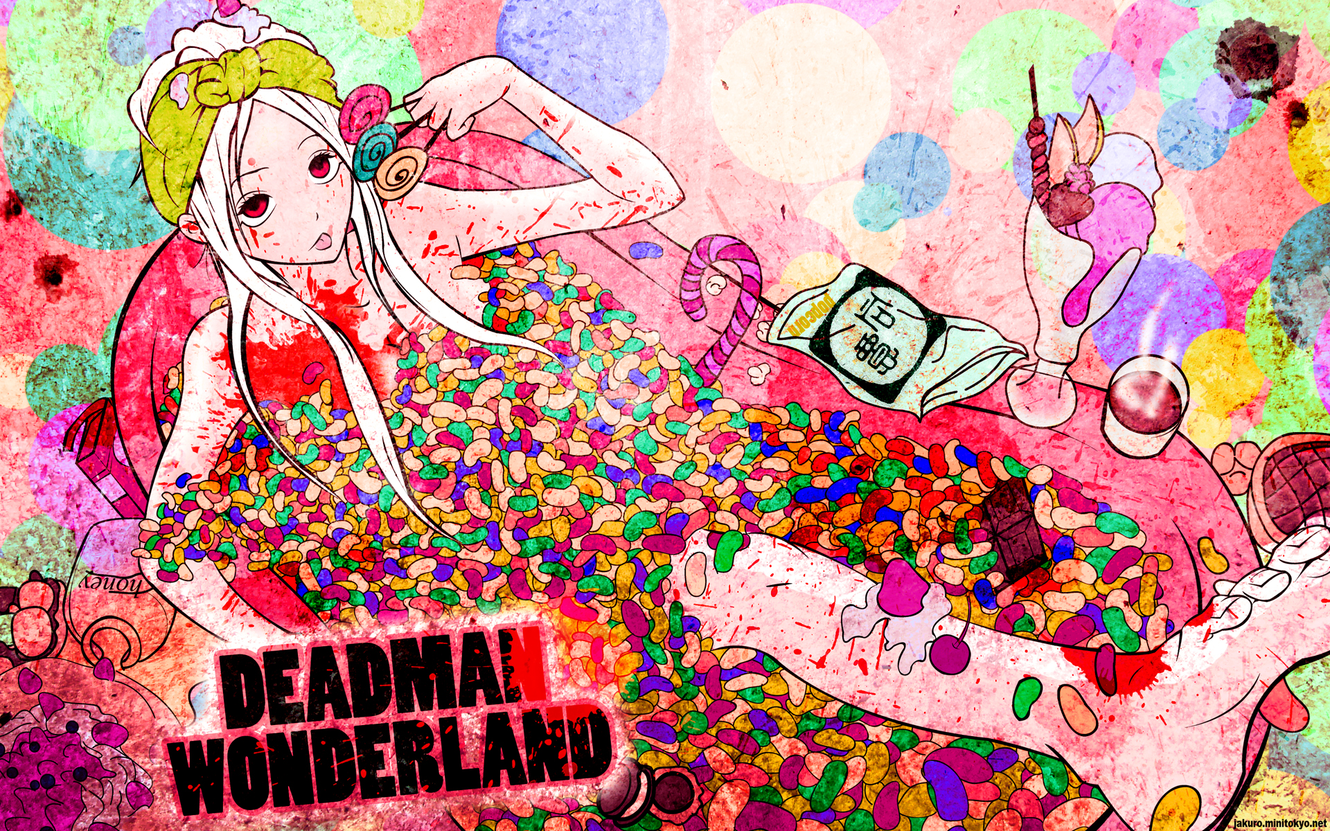 HD PC desktop wallpaper featuring colorful anime art from Deadman Wonderland, showcasing a vibrant character surrounded by scattered candies and dynamic background patterns.