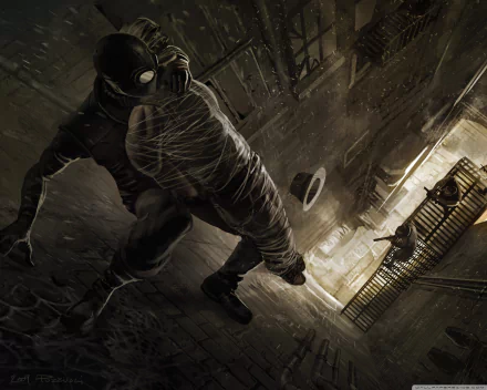 HD PC desktop wallpaper featuring Spider-Man Noir, depicted in a dark, gritty style as he shoots webs in a shadowy urban setting from the Spider-Man movie.