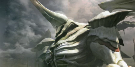 A stunning HD wallpaper from the video game Xenoblade Chronicles, featuring a massive, intricately designed creature amidst a dramatic sky.