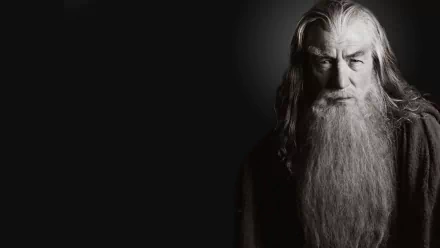HD desktop wallpaper featuring a grayscale portrait of a character from The Lord of the Rings, reminiscent of Ian McKellen's portrayal.