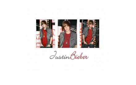 HD desktop wallpaper featuring three images of Justin Bieber in casual attire against a white background with Justin Bieber written in stylized text. Tags: music, Justin Bieber.
