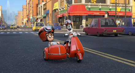 HD wallpaper featuring Mr. Peabody and Sherman riding a red scooter through a city street.