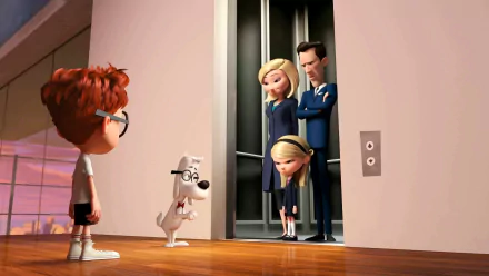 A scene from Mr. Peabody & Sherman, featuring Sherman and Mr. Peabody interacting with a family in an elevator setting. This vibrant HD wallpaper captures their whimsical adventure.