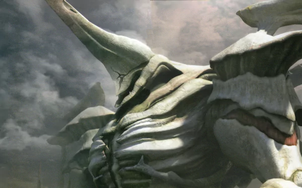 A stunning HD wallpaper from the video game Xenoblade Chronicles, featuring a massive, intricately designed creature amidst a dramatic sky.
