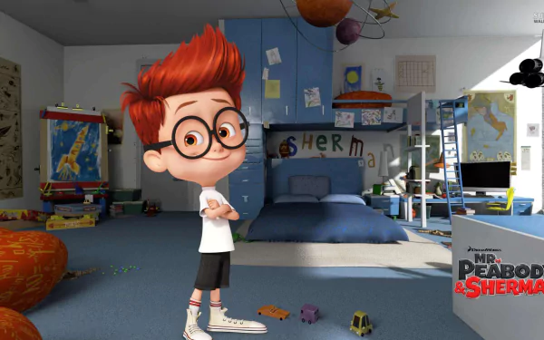 HD wallpaper featuring Sherman from the animated movie Mr. Peabody & Sherman, standing in a bedroom with toys and planetary models.