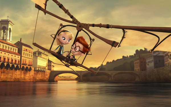 HD wallpaper featuring Mr. Peabody & Sherman characters hanging from the Da Vinci glider above a river in a scenic cityscape.