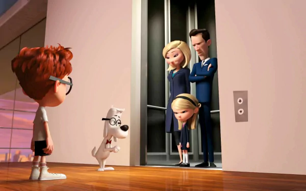A scene from Mr. Peabody & Sherman, featuring Sherman and Mr. Peabody interacting with a family in an elevator setting. This vibrant HD wallpaper captures their whimsical adventure.