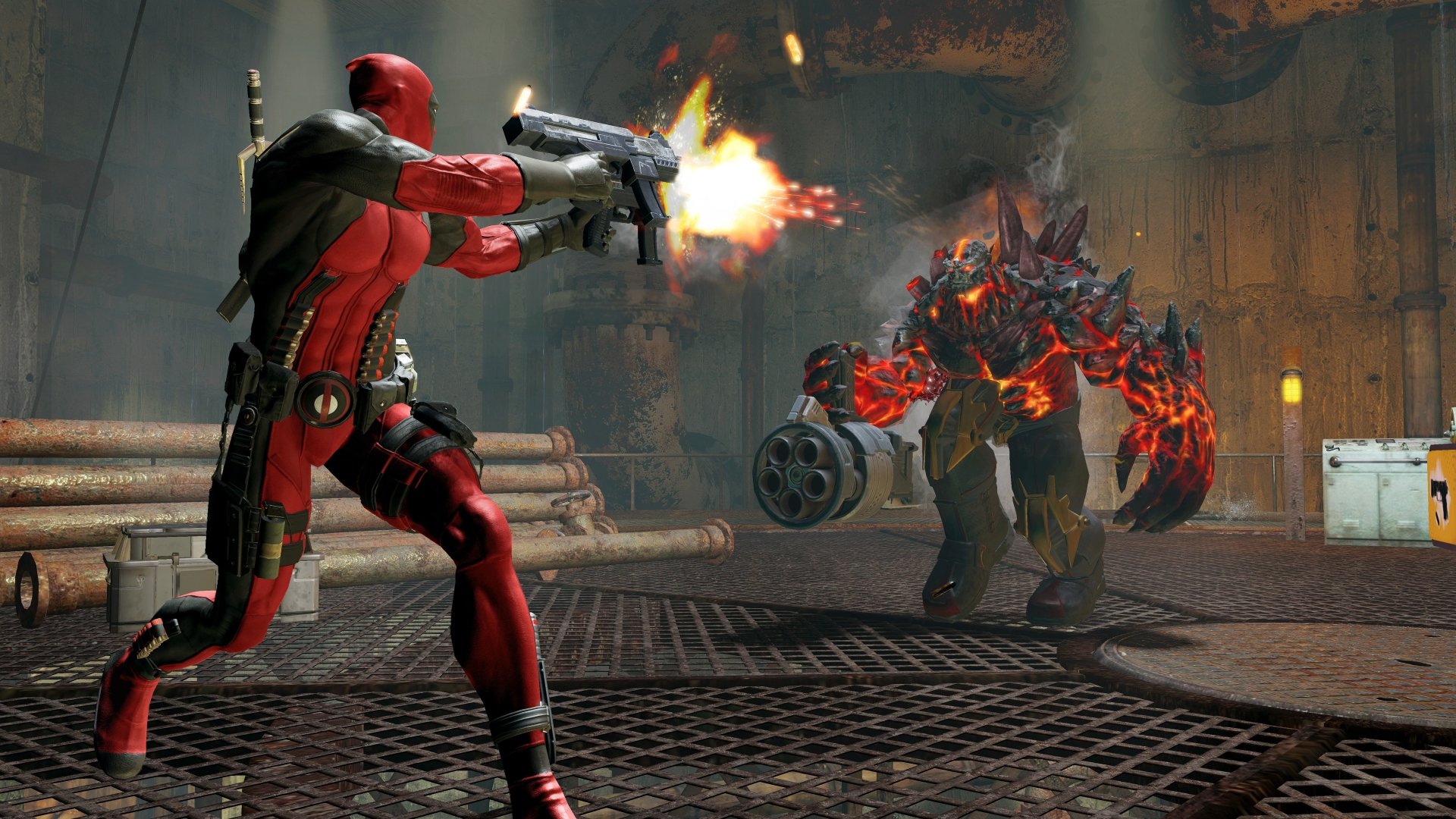 Deadpool fires a gun at a fiery, armored enemy in a 4K Ultra HD video game PC desktop wallpaper scene.