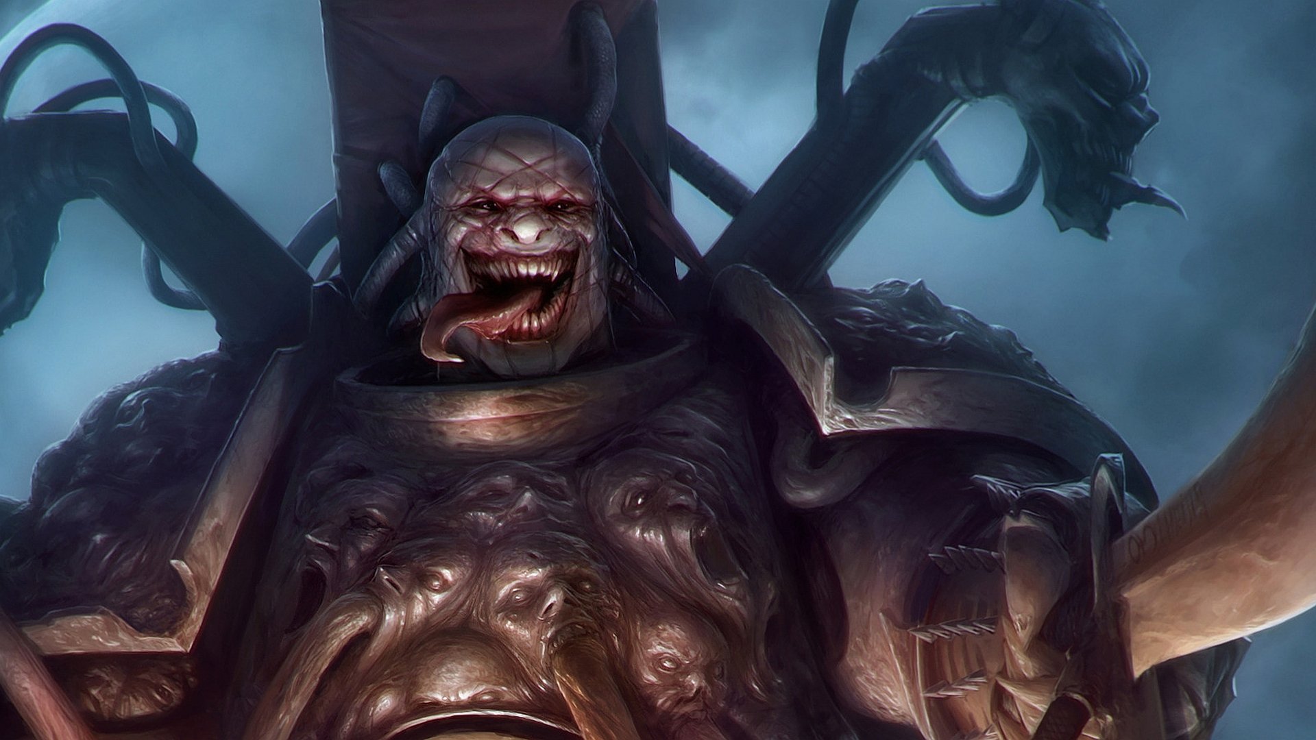 HD PC desktop wallpaper featuring a grotesque Warhammer video game character with a menacing face and dark, eerie armor under a stormy sky.