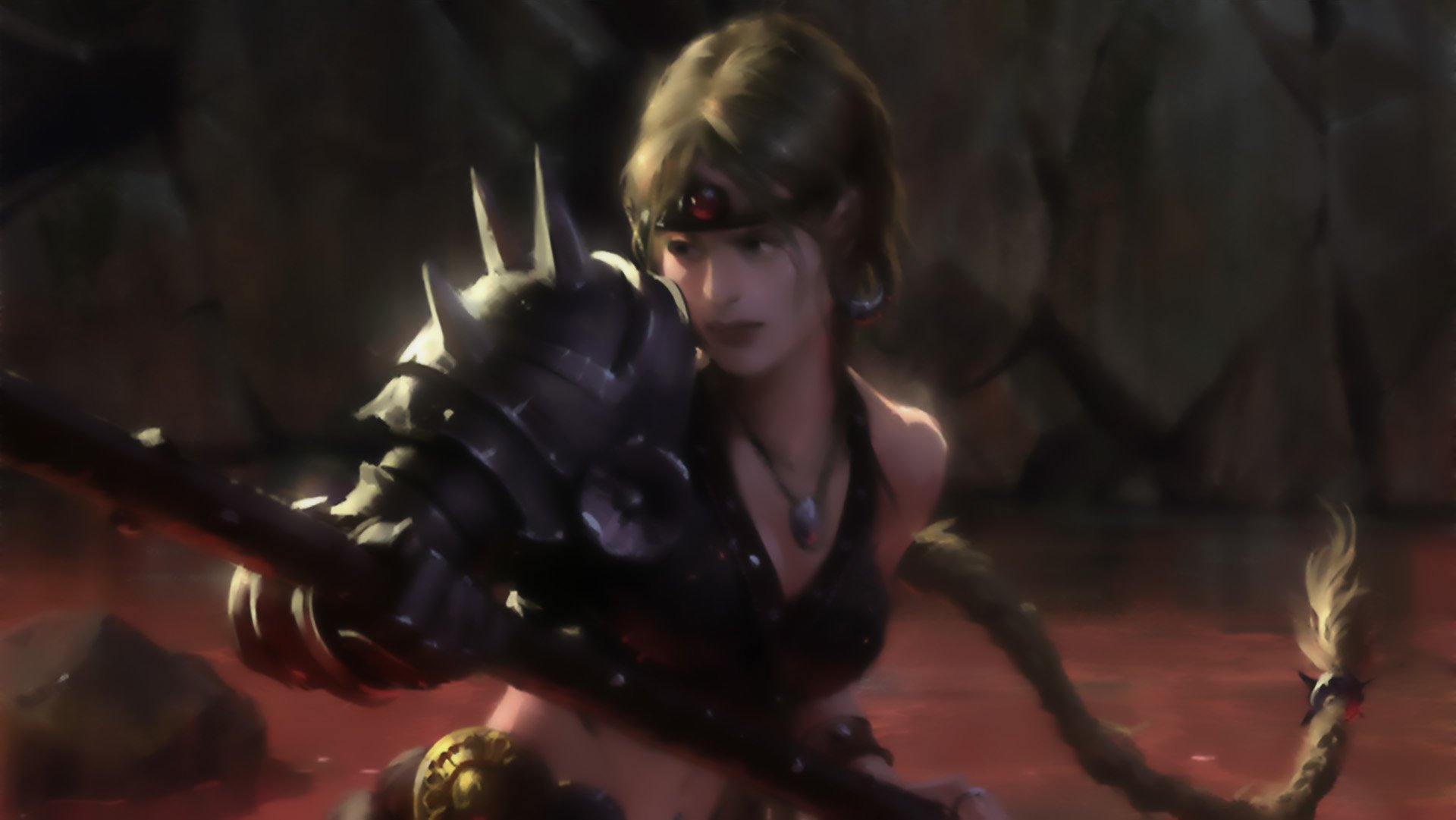 HD desktop wallpaper from the video game Legend Of The Cryptids, featuring a fierce female warrior with spiked armor in a dark, intense setting.