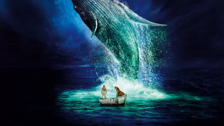 A dramatic HD wallpaper from the movie Life of Pi, featuring a boy and a tiger in a small boat, with a massive whale breaching the ocean's surface.