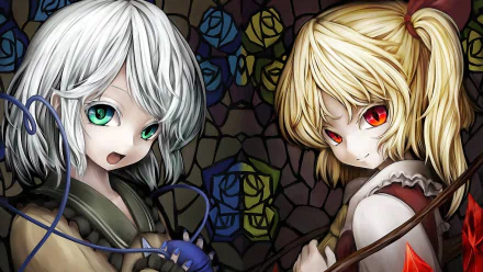 A vibrant HD desktop wallpaper featuring Koishi Komeiji and Flandre Scarlet from the Touhou anime series, set against a colorful stained glass backdrop.