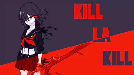 Ryūko Matoi stands confidently with her weapon in this HD wallpaper from *Kill la Kill*, featuring bold red and purple colors that capture the anime's dynamic style.
