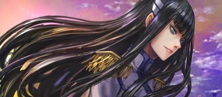HD anime desktop wallpaper featuring Satsuki Kiryūin from Kill La Kill with flowing black hair and a determined expression against a vibrant sky background.