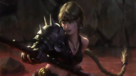 HD desktop wallpaper from the video game Legend Of The Cryptids, featuring a fierce female warrior with spiked armor in a dark, intense setting.