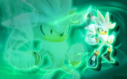 HD wallpaper featuring Silver the Hedgehog from the video game Sonic the Hedgehog (2006), showcasing dynamic action with vibrant green energy effects.