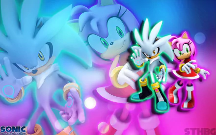 Colorful HD wallpaper featuring Amy Rose and Silver the Hedgehog from the video game Sonic the Hedgehog (2006), set against a vibrant, abstract background.