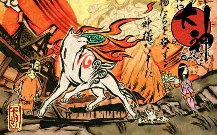 HD PC desktop wallpaper featuring Amaterasu from the video game Ōkami, showcasing vibrant traditional Japanese art style and dynamic brushstroke effects.