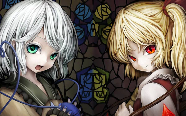 A vibrant HD desktop wallpaper featuring Koishi Komeiji and Flandre Scarlet from the Touhou anime series, set against a colorful stained glass backdrop.