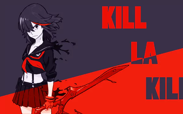 Ryūko Matoi stands confidently with her weapon in this HD wallpaper from *Kill la Kill*, featuring bold red and purple colors that capture the anime's dynamic style.