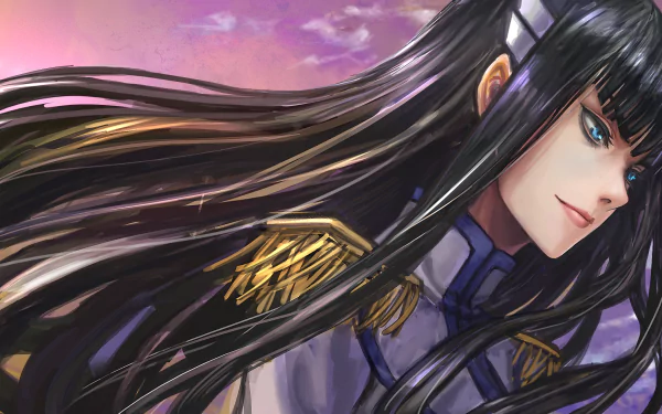 HD anime desktop wallpaper featuring Satsuki Kiryūin from Kill La Kill with flowing black hair and a determined expression against a vibrant sky background.