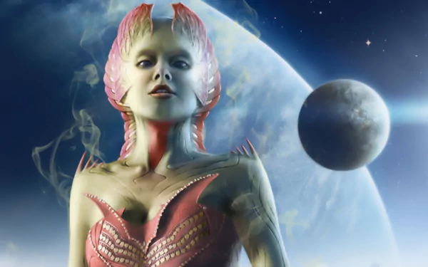 HD PC desktop wallpaper/background from video game Galaxy Saga: an alien queen in pink bioluminescent armor stands before a glowing blue planet and nearby moon.