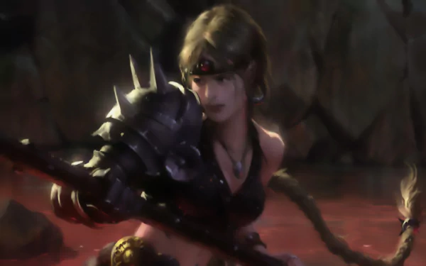 HD desktop wallpaper from the video game Legend Of The Cryptids, featuring a fierce female warrior with spiked armor in a dark, intense setting.