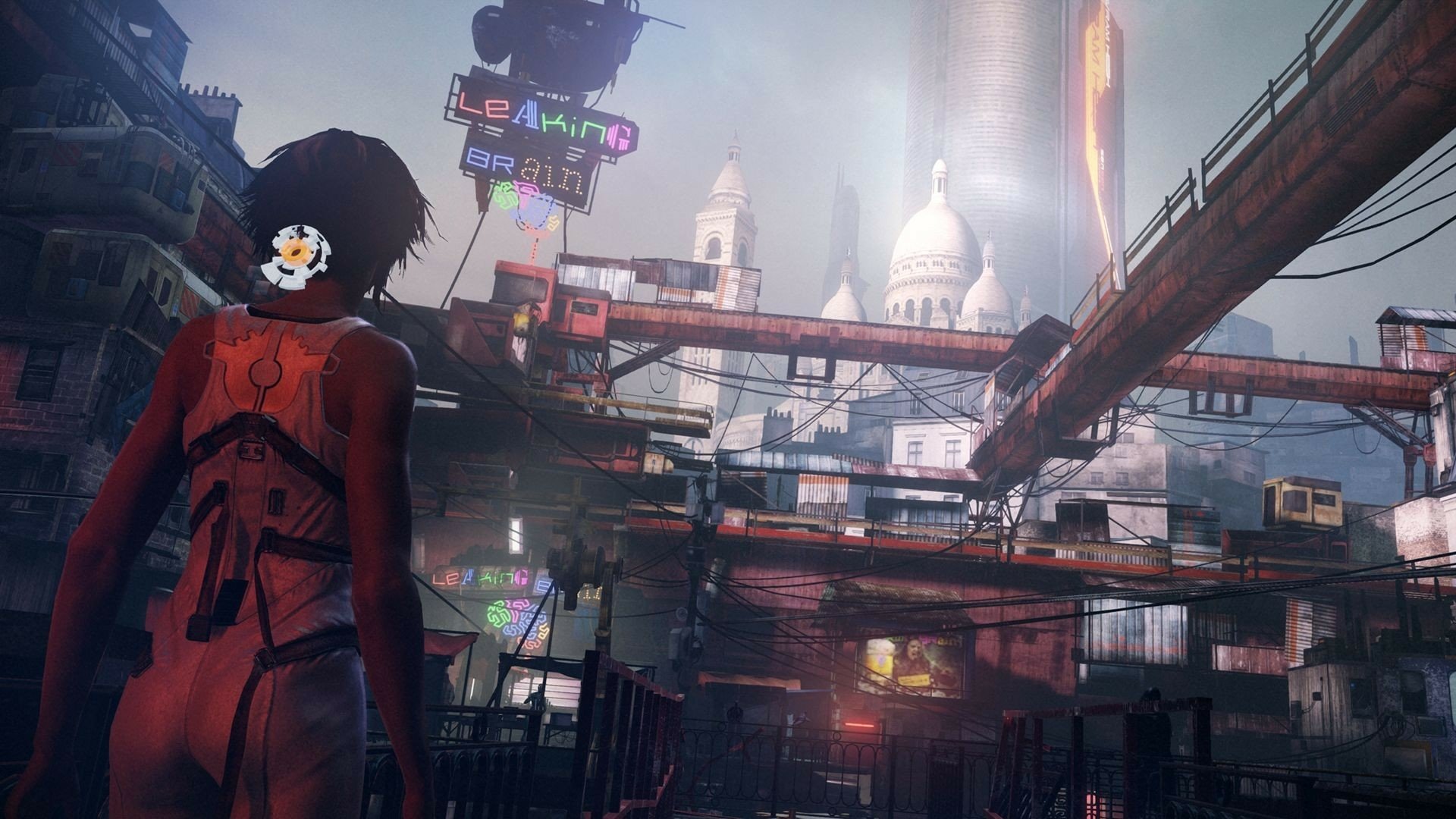 HD PC desktop wallpaper featuring Nilin from the video game Remember Me, showcasing a futuristic cityscape with neon signs and industrial bridges.