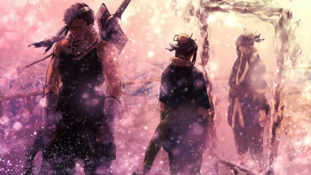 HD desktop wallpaper featuring Zabuza Momochi and Haku from Naruto, showcased in a reflective, pink-hued snowy scene.
