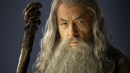 HD desktop wallpaper featuring a character from The Lord of the Rings, holding a staff and exuding a wise and commanding presence.