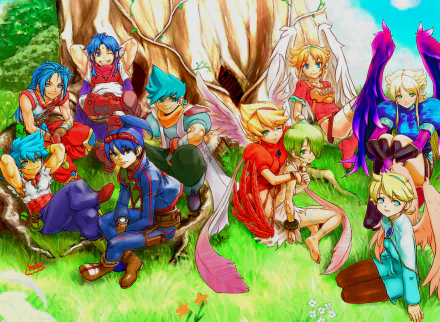 HD PC desktop wallpaper featuring vibrant characters from the video game Breath of Fire gathered together in a colorful, fantasy-themed setting.