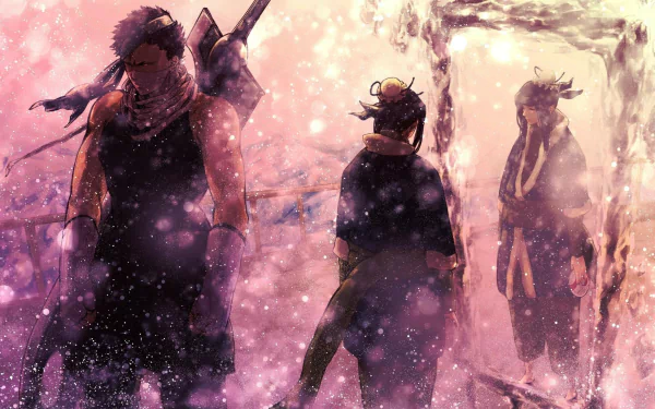 HD desktop wallpaper featuring Zabuza Momochi and Haku from Naruto, showcased in a reflective, pink-hued snowy scene.